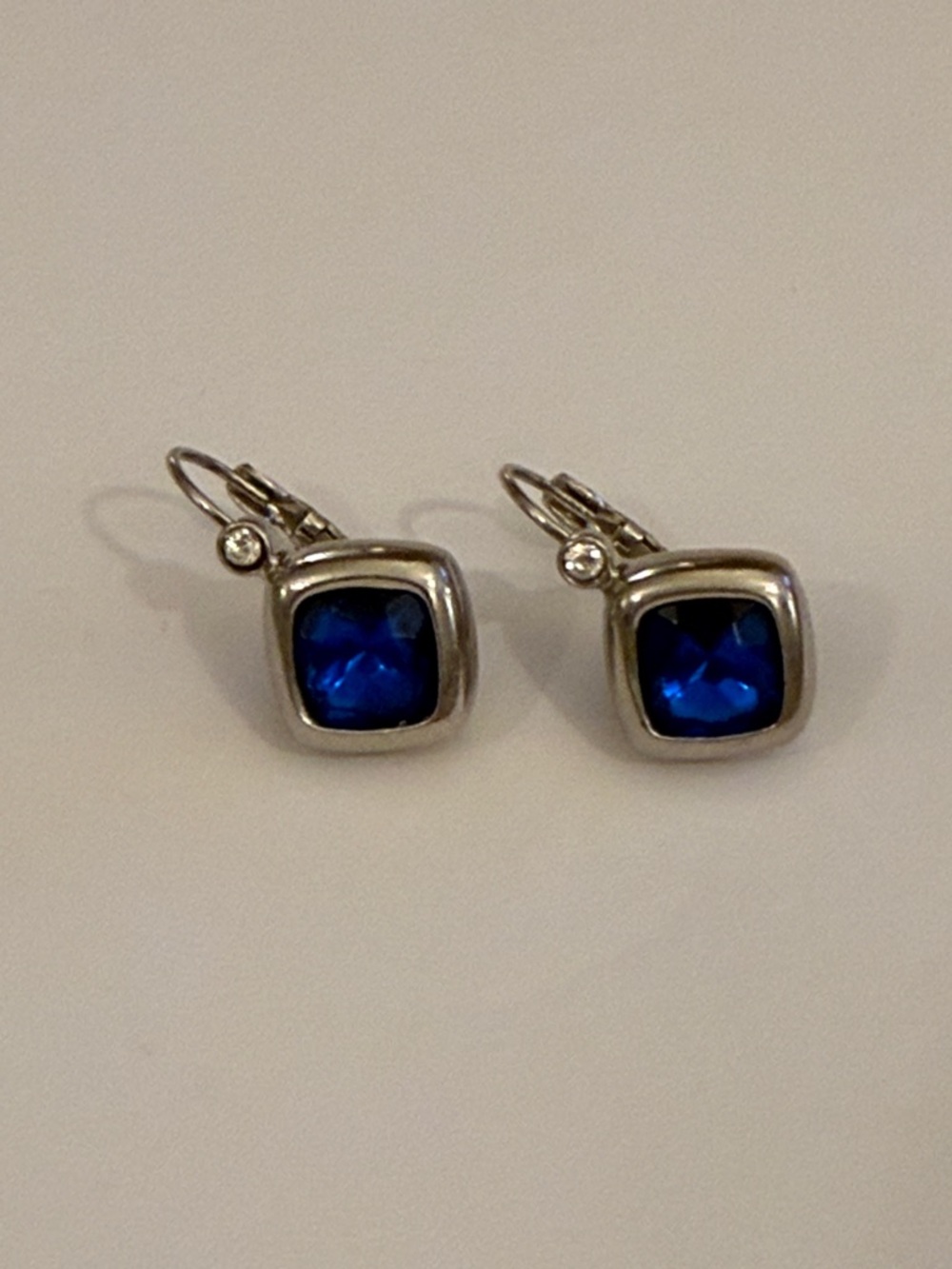 Vintage Joan Rivers Silver Drop Earrings with Blue Cushion Stones